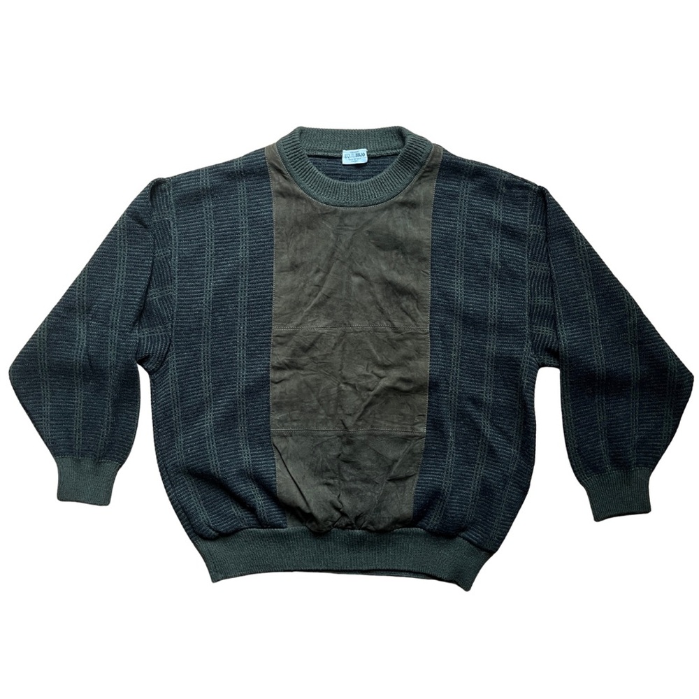 Vintage Dark Green Knit Crewneck Sweater with Faux-Suede Front - Men’s large